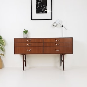 May include: A six-drawer chest of drawers with a mid-century modern design. The chest is made of wood with a rich brown finish and has brass handles. The chest is sitting on a white floor in front of a white wall.
