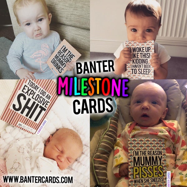 Banter Milestones Cards,funny baby shower gift,baby shower gifts,banter milestone card,banter cards,baby cards,pregnancy milestones,newborn