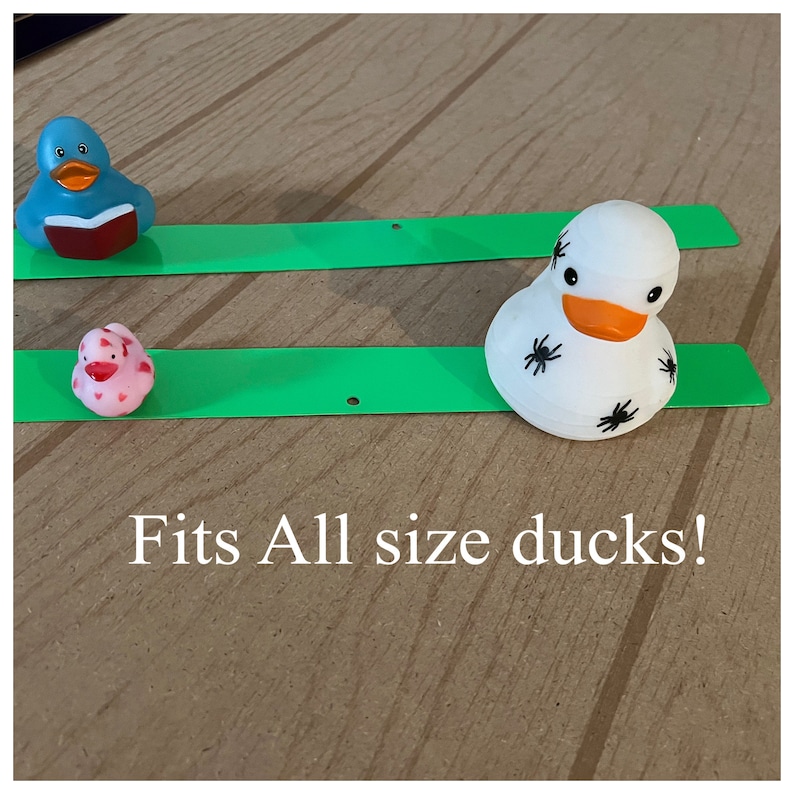 Puede incluir: Dos tiras de pl&aacute;stico verde con agujeros para sujetarlas a una superficie. Las tiras est&aacute;n dise&ntilde;adas para sujetar patos de goma de varios tama&ntilde;os. El texto "Fits All size ducks!" est&aacute; impreso debajo de las tiras.