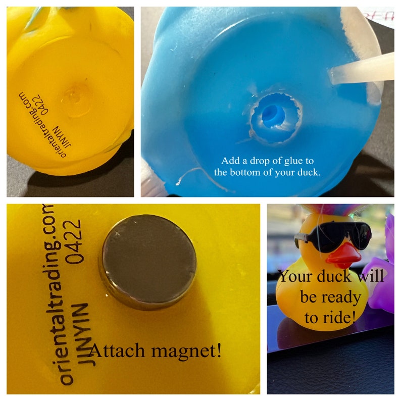Puede incluir: Un pato de goma amarillo con un im&aacute;n negro pegado en la parte inferior. El pato lleva gafas de sol y tiene una pluma morada y rosa en la cabeza. El texto "Your duck will be ready to ride!" est&aacute; escrito en la imagen.