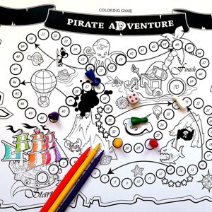 Juego de mesa para colorear, aventura pirata, historia divertida imprimible, actividad infantil de bricolaje, regalo educativo para niños, juego del tesoro del barco con mapa pirata png