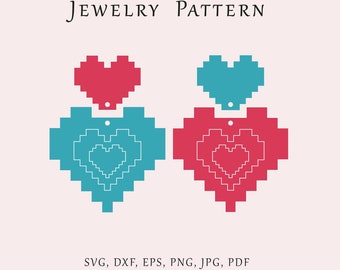 Puede incluir: Un patrón de diseño digital para un colgante en forma de corazón en capas. El diseño presenta un corazón rojo con un corazón turquesa en su interior, y un corazón turquesa más pequeño en su interior. El diseño se repite en el lado derecho de la imagen, pero con los colores invertidos. El texto "COMPRA 3 O MÁS OBTÉN 30% DE DESCUENTO" está en la parte inferior de la imagen.