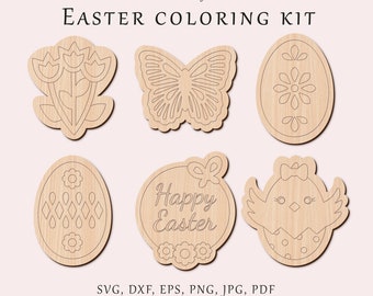 Pode incluir: Um conjunto de seis recortes de madeira para colorir de Páscoa. Os recortes incluem uma borboleta, um pintinho, uma tulipa, um ovo com um padrão de diamante, um ovo com um padrão de flores e um círculo com o texto "Feliz Páscoa".