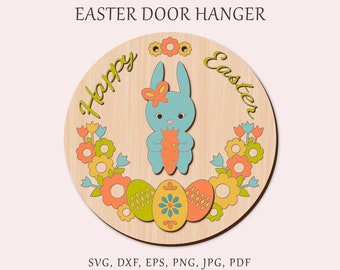 Easter bunny door hanger, Easter DIY template, Happy Easter SVG decor, Spring coloring kit, Glowforge Easter gift for kids, Ester bunny sign