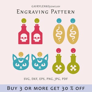 Halloween earrings SVG file, Black cat dangles template, Witchcraft scull earrings pattern, Snake acrylic lazer svg, Wood magic glowforge