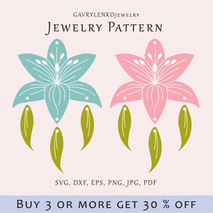 Pendientes de flores de lirios SVG, Plantilla de pendientes con láser, Patrón de joyería floral, Joyería de Glowforge con láser SVG, Plantillas de lirios de madera acrílica
