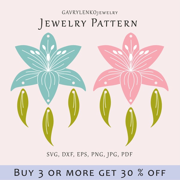 Lelies bloem oorbellen SVG, Oorbellen lazer sjabloon, Bloemen sieraden patroon, Glowforge sieraden lazer svg, Houten acryl lelies sjablonen