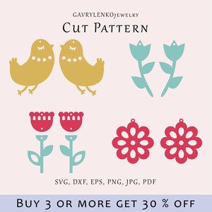 May include: A digital download of cut patterns for earrings featuring a bird, a flower, and a daisy. The patterns are available in SVG, DXF, EPS, PNG, JPG, and PDF formats. Buy 3 or more and get 30% off.