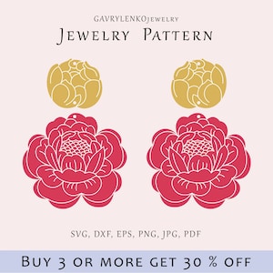 Pendientes de flores de peonía SVG, Plantilla de pendientes de grabado, Patrón de joyería floral, Joyería Glowforge láser svg, Plantillas de flores de madera acrílica