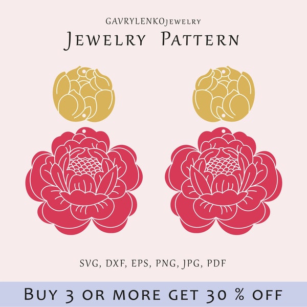 Peony flower earrings SVG, Engraving earrings template, Floral jewelry pattern, Glowforge jewelry laser svg, Wood acrylic flower templates