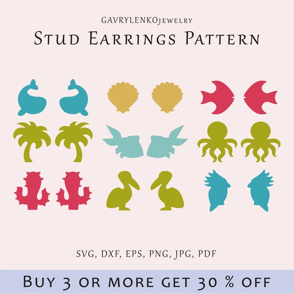 Sea stud earrings SVG, Whale stud template, Octopus pelican earrings cut pattern, Sea jewelry lazer cut, Palm cactus parrot acrylic studs