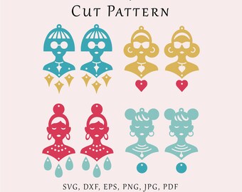 May include: Cut file pattern for earrings featuring four different designs. The designs include a woman with sunglasses and a hat, a woman with a bun, a woman with a heart, and a woman with mouse ears. The earrings are in various colors, including blue, red, yellow, and teal.