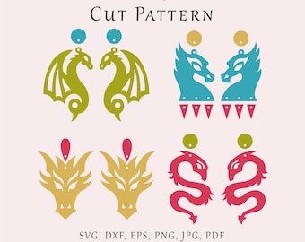Dragon earrings SVG file, Chinese dragon vector template, Magic dangles pattern, Glowforge jewelry svg, Wood acrylic leather earrings file