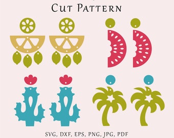 Fruit earrings SVG, Cactus earrings template, Palm dangles glowforge, Lemon jewelry lazer file, Watermelon vector file, Plant earrings svg