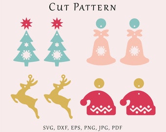 Christmas tree earrings SVG file, Bell digital template, Reindeer earrings cut pattern, Santa hat lazer svg, Wood acrylic jewelry template