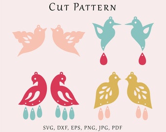 May include: Cut file pattern for making earrings. The pattern includes four pairs of earrings: two pairs of pink birds, two pairs of teal birds, two pairs of red birds with teal drops, and two pairs of yellow birds with pink drops.