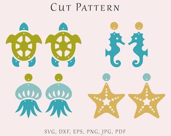 Sea earrings SVG file, Fishstar dangles template, Sea Horse earrings cut pattern, Turtle earrings lazer svg, Jellyfish acrylic glowforge svg