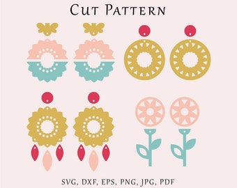 Sunflower earrings SVG file, Mandala digital template, Floral earrings cut pattern, Flower dangles lazer svg, Wood acrylic leather cut file