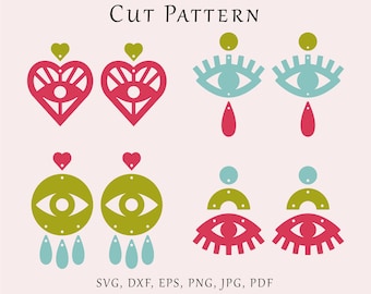May include: Cut file pattern for earrings featuring a heart with an eye design, a circle with an eye design, and an eye with a teardrop design. The pattern is available in SVG, DXF, EPS, PNG, JPG, and PDF formats. Buy 3 or more and get 30% off.
