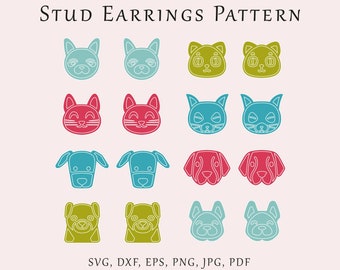 May include: A digital download of 12 different stud earring patterns featuring various animal faces. The patterns are outlined in blue, green, red, and yellow. The text "SVG, DXF, EPS, PNG, JPG, PDF" and "BUY 3 OR MORE GET 30% OFF" is included in the image.