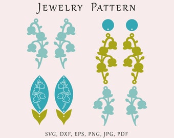Lily valley earrings SVG file, Lilies jewelry templates, Floral earrings pattern, Flowers pendant laser cut, Acrylic jewelry glowforge cut