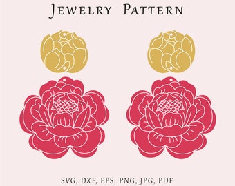 Pfingstrose Blume Ohrringe SVG, Gravur Ohrringe Vorlage, Florales Schmuckmuster, Glowforge Schmuck Laser svg, Holz Acryl Blumenvorlagen