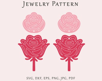 Rose but earrings SVG, Rose flower earrings template, Floral jewelry laser cut, Glowforge laser rose jewelry, Wood acrylic plant cut file