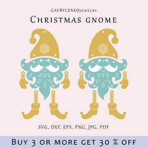 May include: Two Christmas gnomes with gold hats and blue bodies. The gnomes have white beards and white snowflakes on their hats. The text "BUY 3 OR MORE GET 30% OFF" is at the bottom of the image.