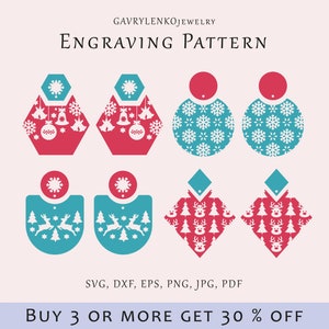 Pendientes de grabado navideño SVG, patrón de pendientes de Navidad, plantilla de campana de copo de nieve de reno, árbol de Navidad lazer svg, joyería Glowforge
