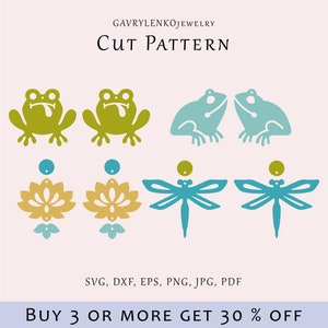 Frog earrings SVG file, Frog dangles template, Dragonfly earrings cut pattern, Water lily acrylic lazer svg, Organic jewelry vector file