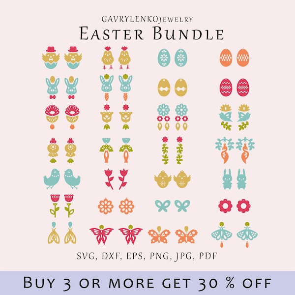 Easter earrings SVG, Flowers jewelry cut bundle, Spring earrings pattern, Laser egg bunny chick earrings set, Wood acrylic cut bird jewelry