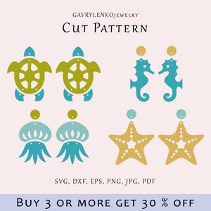 Archivo SVG de aretes de mar, plantilla de colgantes de estrella de mar, patrón de corte de aretes de caballito de mar, aretes de tortuga svg láser, medusas acrílicas glowforge svg