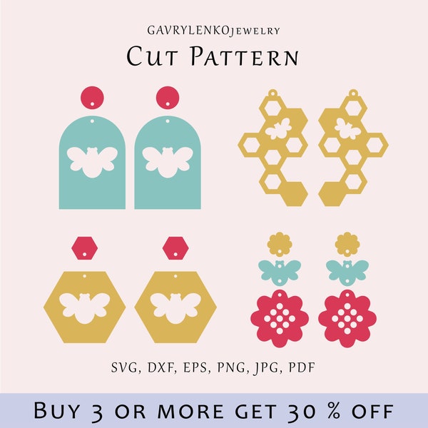 Bee earrings SVG file, Insect earrings template, Honeycomb dangles cut pattern, Floral leather laser svg, Organic acrylic jewelry cut file