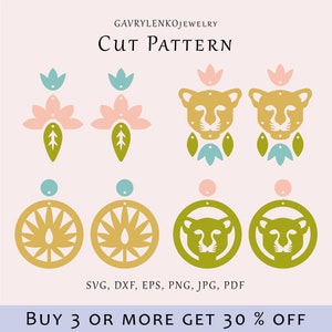 Puede incluir: Patrones de corte con diseños florales y animales en tonos rosa, verde y dorado, sobre un fondo rosa claro. El texto "Cut Pattern" y el nombre del vendedor están en la parte superior. La imagen también incluye información sobre formatos de archivo y una oferta de descuento.