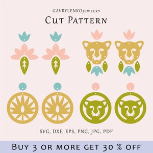 Jaguar earrings SVG, Tropical earrings svg, Floral dangles pattern, Drop jewelry lazer file, Jungle digital file, Acrylic earrings template