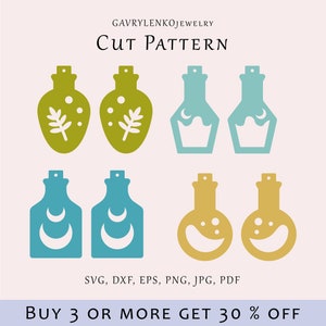 May include: Cut file patterns for earrings in the shape of bottles with different designs. The designs include moons, leaves, and bubbles. The patterns are available in SVG, DXF, EPS, PNG, JPG, and PDF formats. Buy 3 or more and get 30% off.