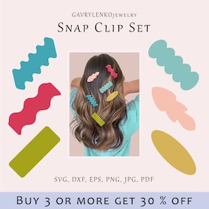 May include: A set of colorful plastic hair clips in various shapes, including wavy, rounded, and rectangular. The clips are arranged on a pink background with the text "SNAP CLIP SET" and "BUY 3 OR MORE GET 30% OFF" at the top and bottom of the image.