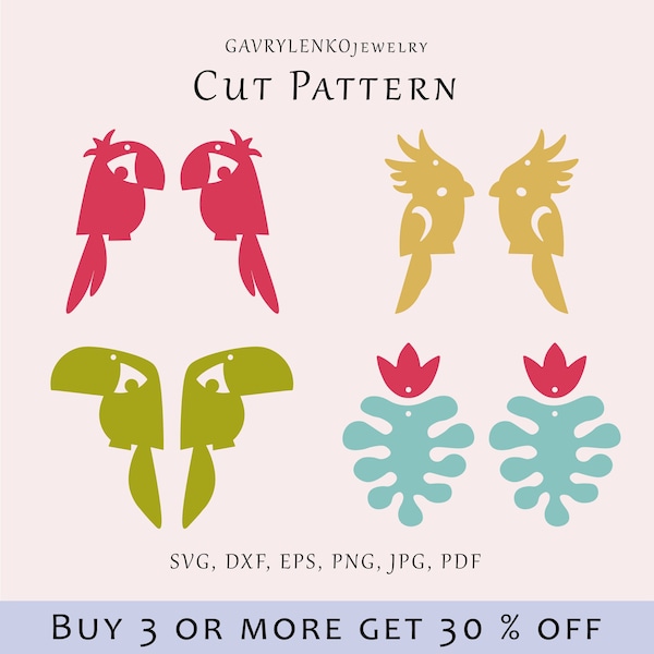 Tropical earrings SVG, Parrot earrings svg, Toucan pattern svg, Cockatoo jewelry lazer file, Tropical plants cut, Acrylic earrings template