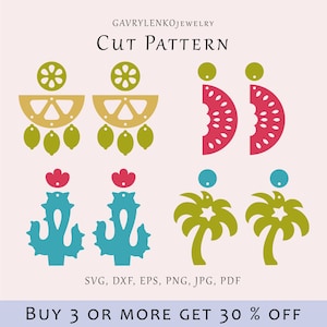 Pendientes de frutas SVG, Plantilla de pendientes de cactus, Palm cuelga glowforge, Archivo de lazer de joyería de limón, Archivo vectorial de sandía, Pendientes de planta svg