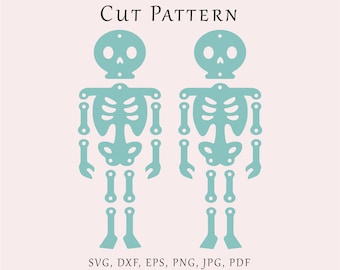 May include: A digital cut file pattern of two skeletons, each with a skull, rib cage, and long bones. The skeletons are in a light blue color. The text "SVG, DXF, EPS, PNG, JPG, PDF" and "BUY 3 OR MORE GET 30% OFF" is at the bottom of the image.