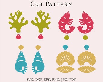 Sea earrings SVG file, Coral shrimp earrings template, Sea jewelry cut pattern, Sea shell earrings cut svg, Wood acrylic summer lazer file