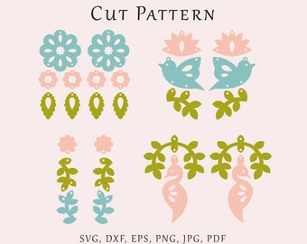 Spring garden earrings, Bird earrings svg, Botanical pattern svg, Bird jewelry lazer file, Flower earrings template, Acrylic wood cut svg