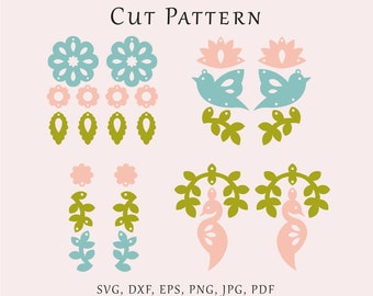 May include: Cut file pattern for a pair of earrings featuring a bird, leaves, and flowers in pink, blue, and green colors. The pattern includes SVG, DXF, EPS, PNG, JPG, and PDF file formats.  BUY 3 OR MORE GET 30% OFF.