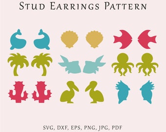 Sea stud earrings SVG, Whale stud template, Octopus pelican earrings cut pattern, Sea jewelry lazer cut, Palm cactus parrot acrylic studs