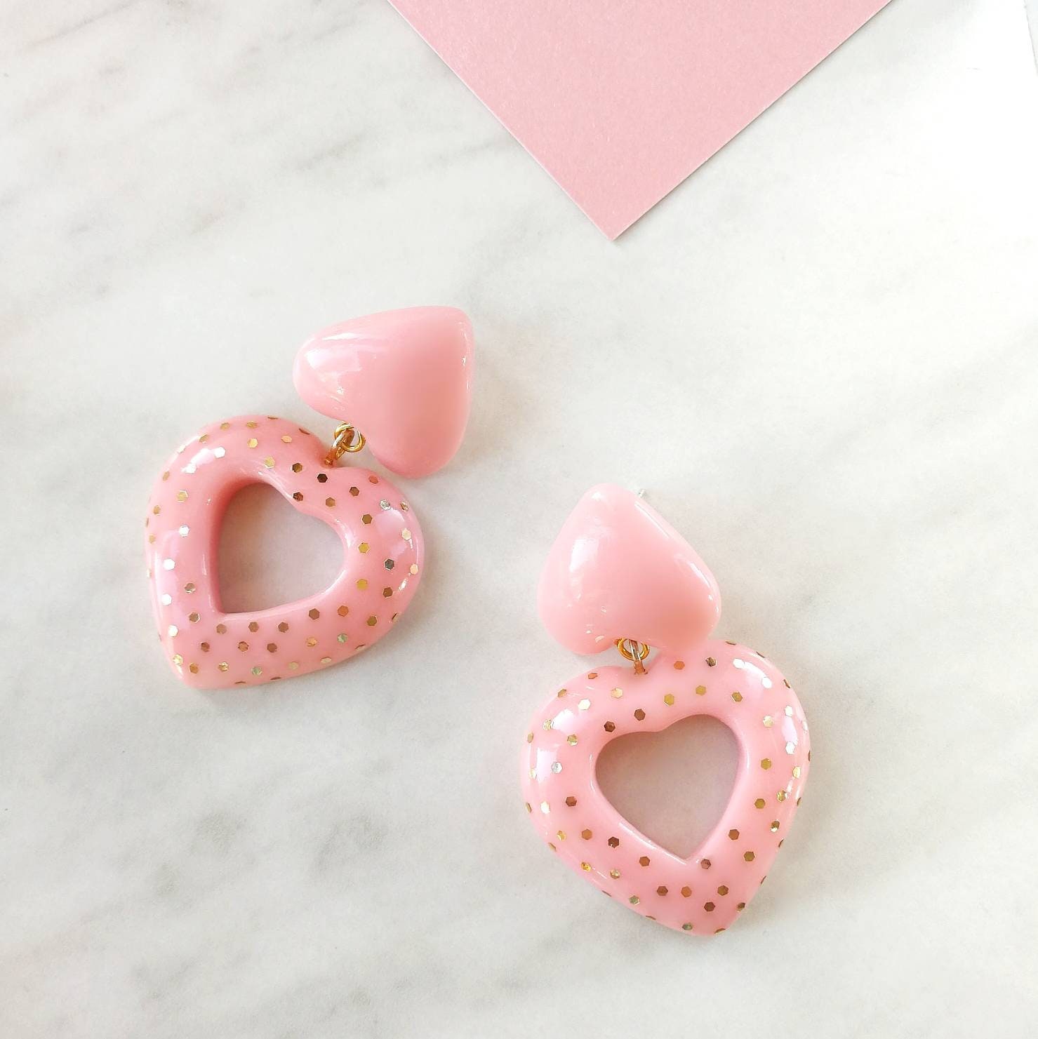 Light Pink Earrings Heart Studs Dangle Ear Jewelry Double | Etsy