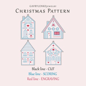 May include: Illustration of four stylized Christmas houses with intricate details. The houses feature blue outlines, red heart accents, and decorative elements. Text at the top reads "GAVRYLENKOJEWELRY CHRISTMAS PATTERN". Below, text indicates "Black line - CUT, Blue line - SCORING, Red line - ENGRAVING".