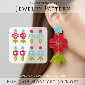 May include: A pair of large, red, green, and blue flower-shaped earrings. The earrings are worn by a person. The image also shows a pattern of flower designs in red, green, and blue. The text "JEWELRY PATTERN" is at the top.