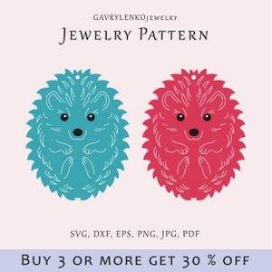 May include: Two hedgehog jewelry patterns in teal and red, with white outlines, black eyes, and a small hole at the top. The image includes the text "JEWELRY PATTERN" and file type options.