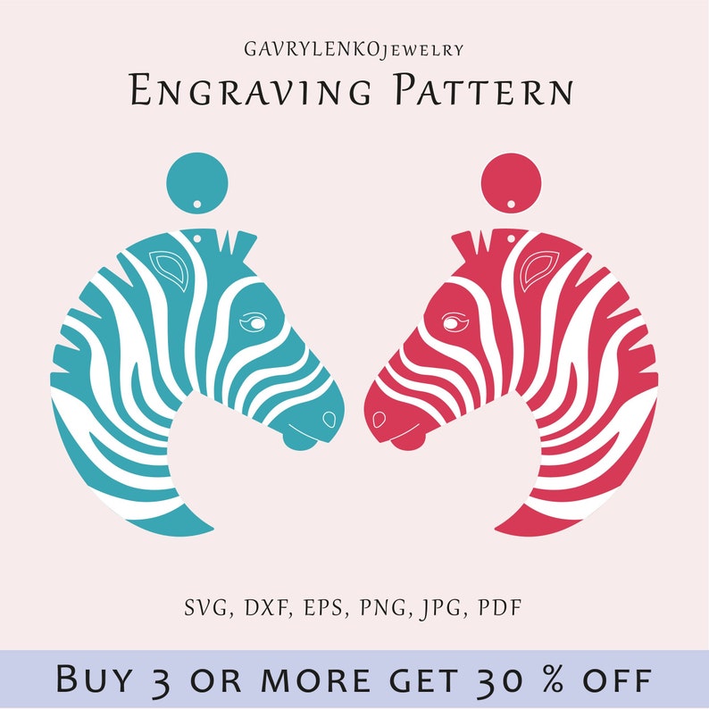 May include: A digital download of two zebra head engraving patterns, one in teal and one in pink, for jewelry making. The patterns are in SVG, DXF, EPS, PNG, JPG, and PDF formats.