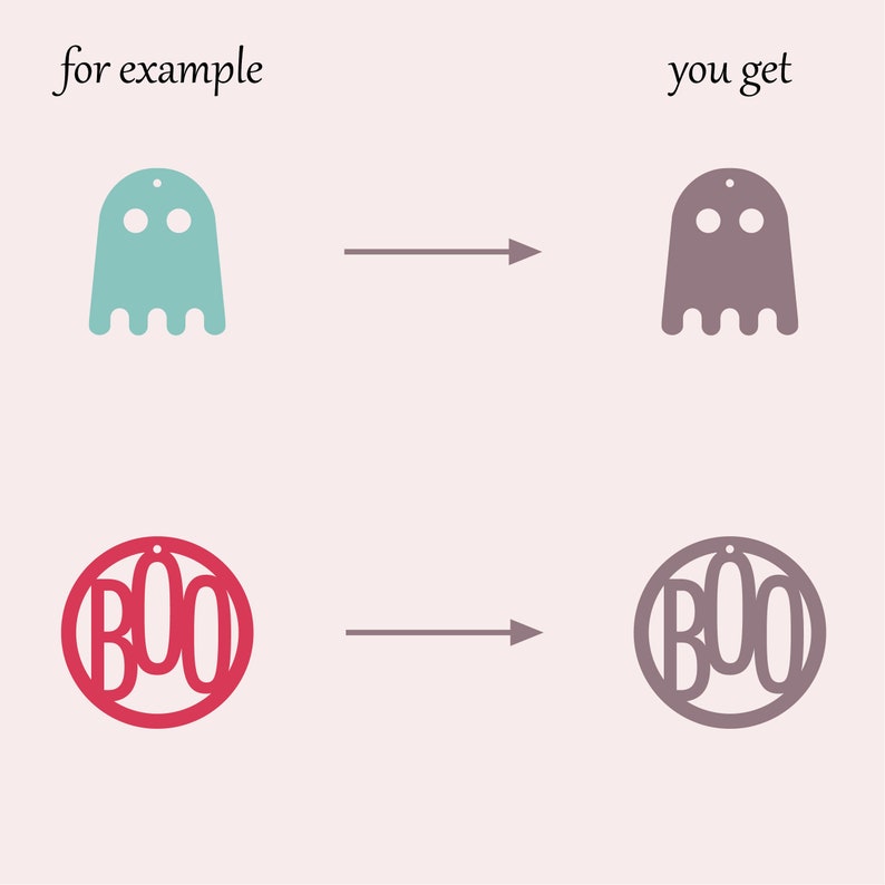 May include: Two examples of Halloween-themed earrings. The first pair is a light blue ghost with a hole for a hook. The second pair is a red circle with the word "BOO" inside.